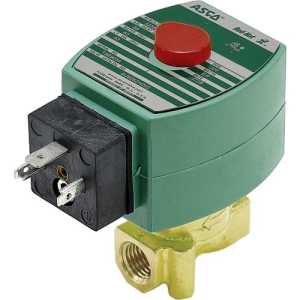 Green rectangular solenoid coil with a red push button on top, attached to a brass valve and a black electrical connector