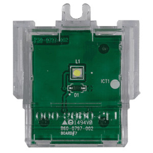 Transparent square module containing a green circuit board with a single yellow LED in the centre and a few small parts around it.