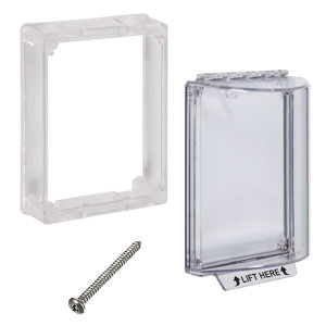 Clear plastic cover with 'Lift Here' label and metal mounting frame for protecting wall switches