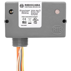 Grey rectangular box labelled 'RIBHX24BA' with a small LED and multicoloured wires exiting through a threaded connector