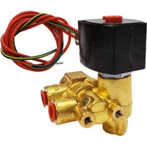 golden valve with a black square coil, two red outlets and coiled colored wires