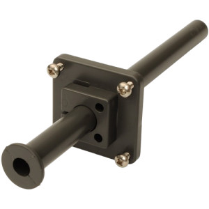 A black plastic duct probe with two cylindrical tubes extending at right angles from a square mounting plate secured by four screws