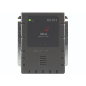 Grey wall-mounted gas detector labeled GD-6 with digital red display and green LED.