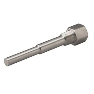 Shiny metal thermowell with hexagonal threaded head and smooth cylindrical probe.