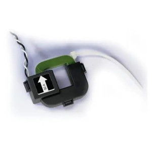 Small clamp-on current sensor with a square opening, directional arrow and wired leads.