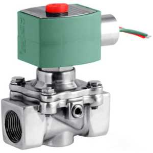 Shiny steel gas shutoff valve featuring a green solenoid housing with red manual button and green and red wires