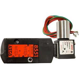 Long black rectangular valve body labeled 8551 and an orange schematic, attached to a silver cylindrical solenoid coil housing with multicolored wires extending from it.