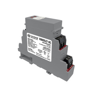 A gray DIN-rail mounted control device labeled "RIBRXLCF-NS" with fixed sensing range; it has black and red wire terminal ports and a printed label with ratings, photographed at a three-quarter angle on a white background.