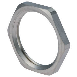 A flat six-sided metal ring with internal threads used as a locknut to secure conduit fittings.