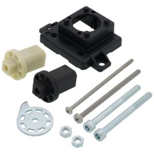 Black line drawing of a rectangular mounting bracket with circular opening and a separate hexagonal shaft insert.