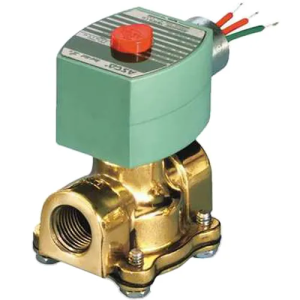 Small brass low-pressure solenoid valve with a green solenoid coil and red button, connected to red, green and white wires