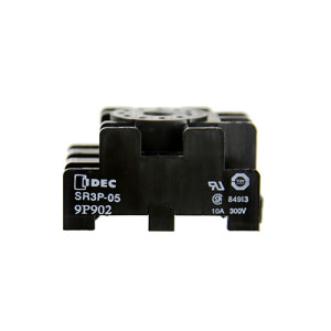 Black relay socket block with a round central recess for plug-in relay; white marking reads SR3P‑05, 10A 300V.
