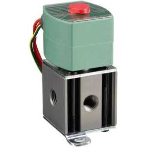 Solenoid valve with square metal body featuring threaded ports and a green coil top with red button and colored wires