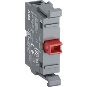 Compact white auxiliary contact module with red sliding connector