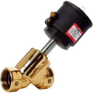 Shiny brass angled valve with a black actuator housing on top and numbers etched near the threaded pipe openings