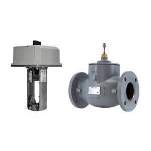 A pairing of industrial valve components: one piece is a bulky grey cast iron valve with flanged ends and a brass stem, and the other is a tall actuating mechanism with a grey cover and exposed metal framework.