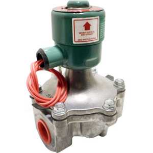 An industrial silver valve with a green cylinder-shaped actuator on top, red electrical wires and a red-lined port.