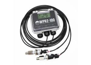 Rectangular electronic module labeled WPR2-100 with digital screen and long cables attached to two metal pressure transducers.