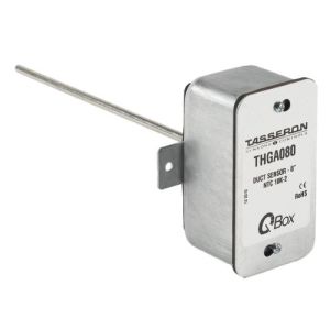 Rectangular metal duct sensor with long probe and mounting flange.