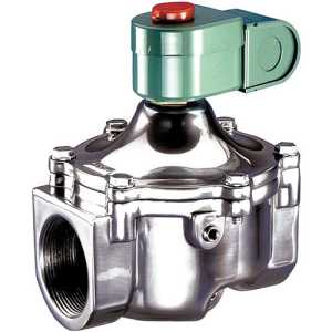 Heavy polished metal solenoid valve with a green actuator housing on top capped by a red button, featuring a large threaded inlet on the side.