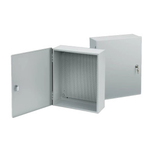 Pair of grey metal cabinets; one open exposing perforated back plate, the other closed with a key locking handle