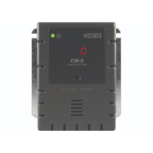 Grey wall-mounted gas detector with small red digital numeric display, green power LED and horizontal vent slots.
