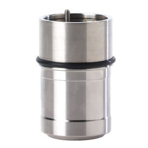Small shiny metal cylinder with a black rubber ring around its middle and a single metal pin protruding from the top.