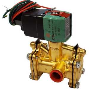 A golden brass solenoid valve with three ports and a rectangular actuator coil on top, connected to multiple colored wires.