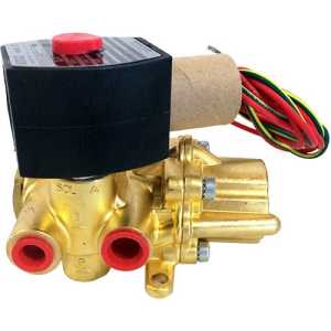 Side view of a golden valve with two red-rimmed ports; a black solenoid coil with red button sits on top and multicolored wires extend from the side.