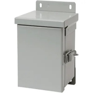 Light gray metal cabinet for electrical devices, featuring a sloped top, side latch for padlock, and two mounting holes on the back flange