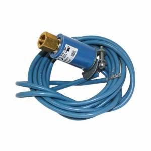 A small blue cylinder with a brass connector attached to a lengthy blue cable, coiled neatly around the device and held by a small metal clamp.