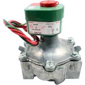 Heavy-duty stainless steel solenoid valve with a green actuator cap and red manual override, with colored wires attached on the side.