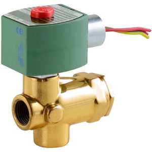 Side view of a brass-bodied solenoid valve with threaded ports and a green rectangular coil on top with colored wires.