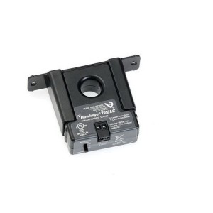 Black rectangular current sensor with a central hole, mounting wings and a small connector port