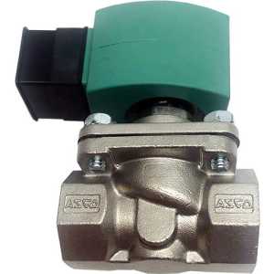 front view of an ASCO solenoid valve with a green rectangular coil and metallic body featuring embossed ASCO logos on each side