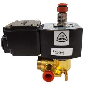 golden valve with red outlets supporting a pair of black housings and a red‑topped plunger