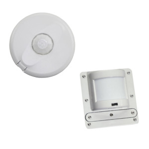 Two square white occupancy sensor units with lenses and LED indicators