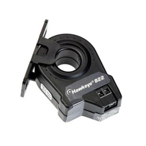 Circular black clamp sensor with a hinge and locking clip on one side; used to encircle a conductor and measure current.