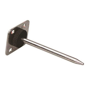 A duct temperature sensor consisting of a pointed stainless steel rod attached to a square mounting flange with four holes and a black insulating collar