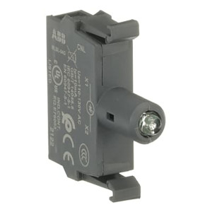 Small grey ABB contact module featuring a clear green indicator lens on the front and mounting clips