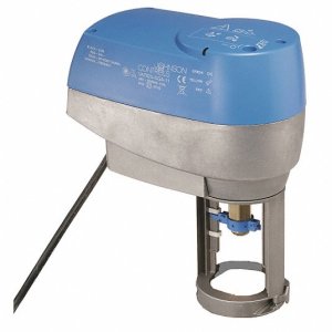 Blue-and-gray actuator featuring round open ring interface and printed label