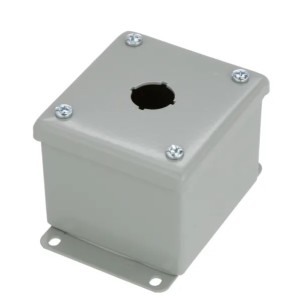 Small square grey metal box with round hole in the lid and mounting flanges