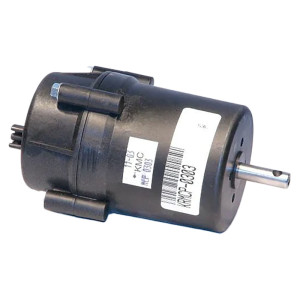 The image shows a black cylindrical motor assembly with a short metal shaft on one end and molded mounting ears; a printed label wraps around the body.