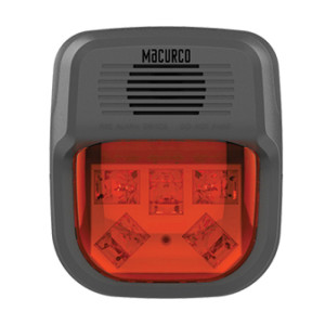 Grey alarm with red strobe lens.