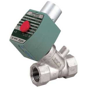 image of a stainless steel solenoid valve with an angled design; green actuator housing with red button and silver cylindrical component above, attached to a metallic valve body with threaded ports