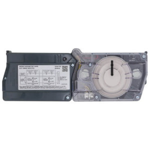 Duct smoke detector with black module and clear sampling chamber.