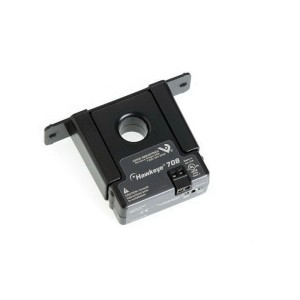 Grey rectangular current sensor with square window for conductor and LED indicator.