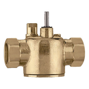 Brass two-way valve with union nuts and female ports.