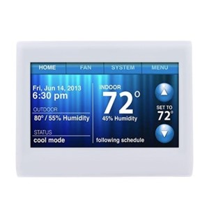 White rectangular thermostat with a color touch screen displaying 72 degrees and various mode buttons.