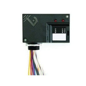 A rectangular black electronic control box with two red lights and labels for Relay 1 and Relay 2, attached to a bundle of multi-colored wires protruding from the bottom, shown against a white background.